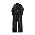 "Orbital Noir" Contrast Stitch Denim Set – Jacket & Wide-Leg Trousers-Mkcyberr