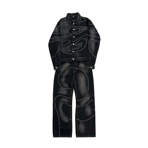 "Orbital Noir" Contrast Stitch Denim Set – Jacket & Wide-Leg Trousers-Mkcyberr