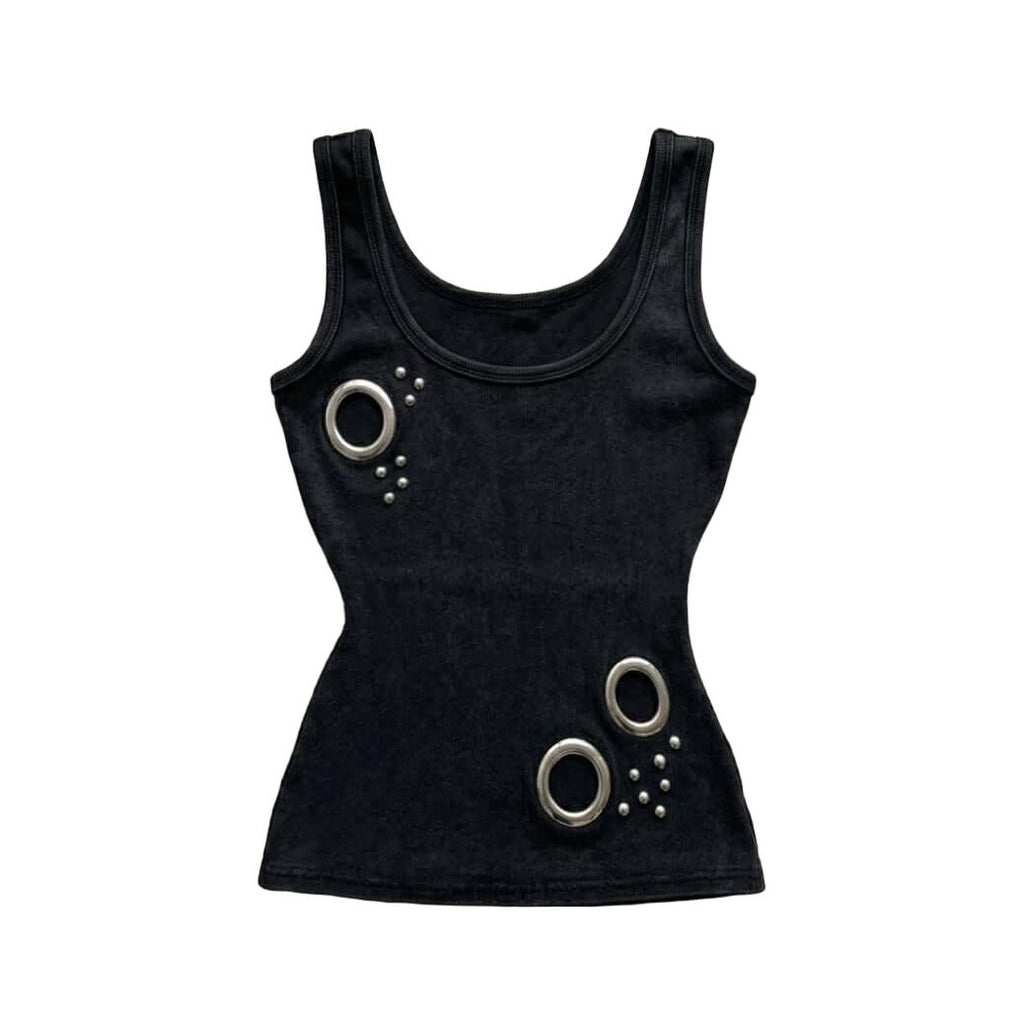Studded Tank Top O-ring Elevate your urban wardrobe with the Cyber O-Ring Studded Tank Top, a high-impact piece that merges industrial hardware with a sleek, futuristic silhouette. This tank top is a standout essential for any cyber-alt or techwear-inspir