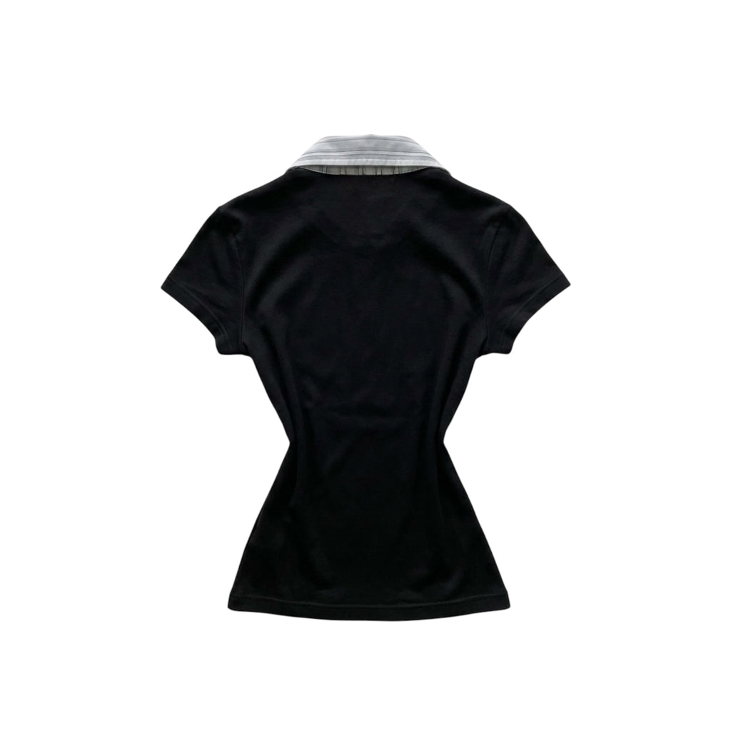 Y2K preppy mock layered top showcasing the back of the black pullover with striped collar