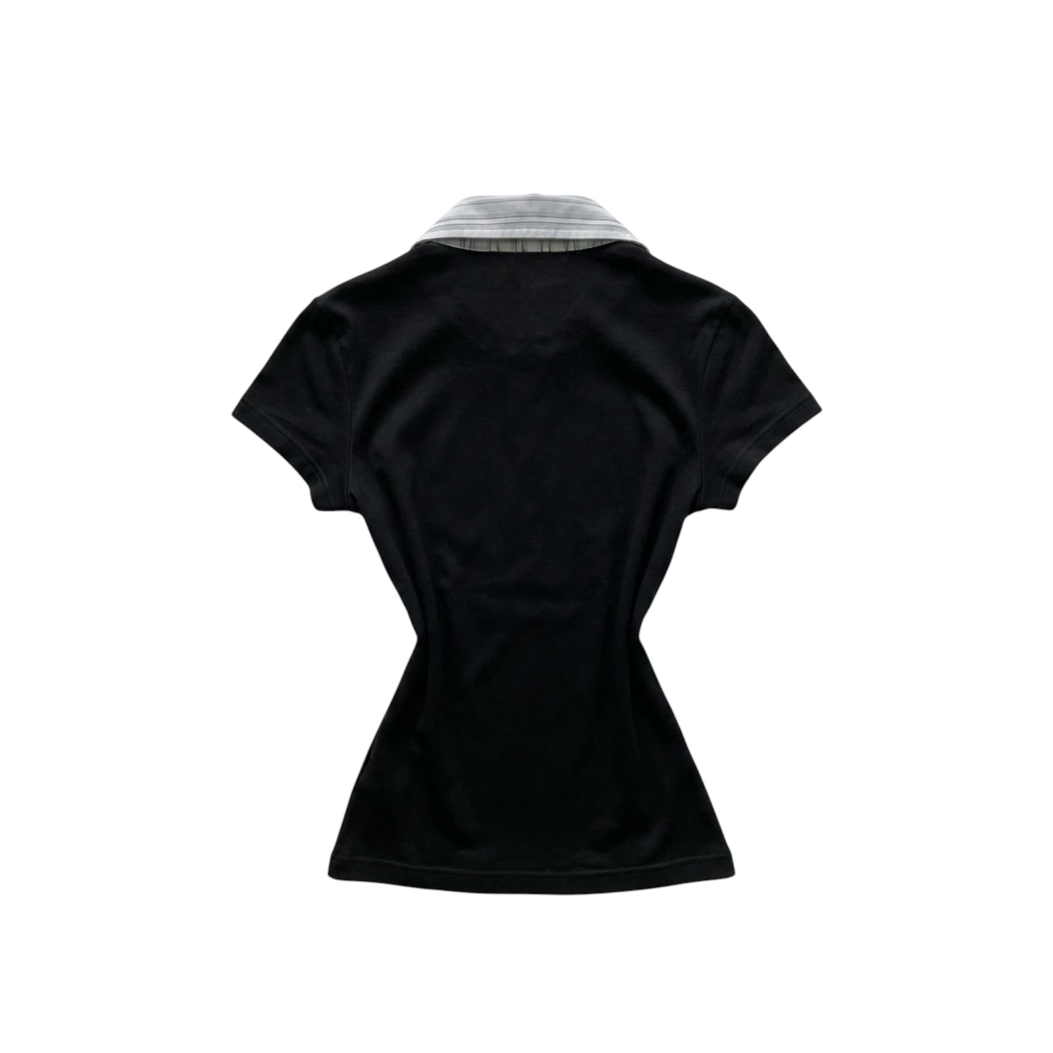 Y2K preppy mock layered top showcasing the back of the black pullover with striped collar