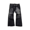 Gothic Cross Black Flared Jeans - Cyber Grunge Gothic Cross Black Flared Jeans - Cyber Grunge These black flared jeans feature a bold Gothic-Grunge aesthetic. The standout feature is the oversized gothic cross with tribal scrollwork printed on the left th