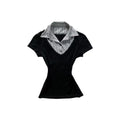 Y2K Preppy Mock Layered Top featuring a faux-layered design with striped collar and black pullover.