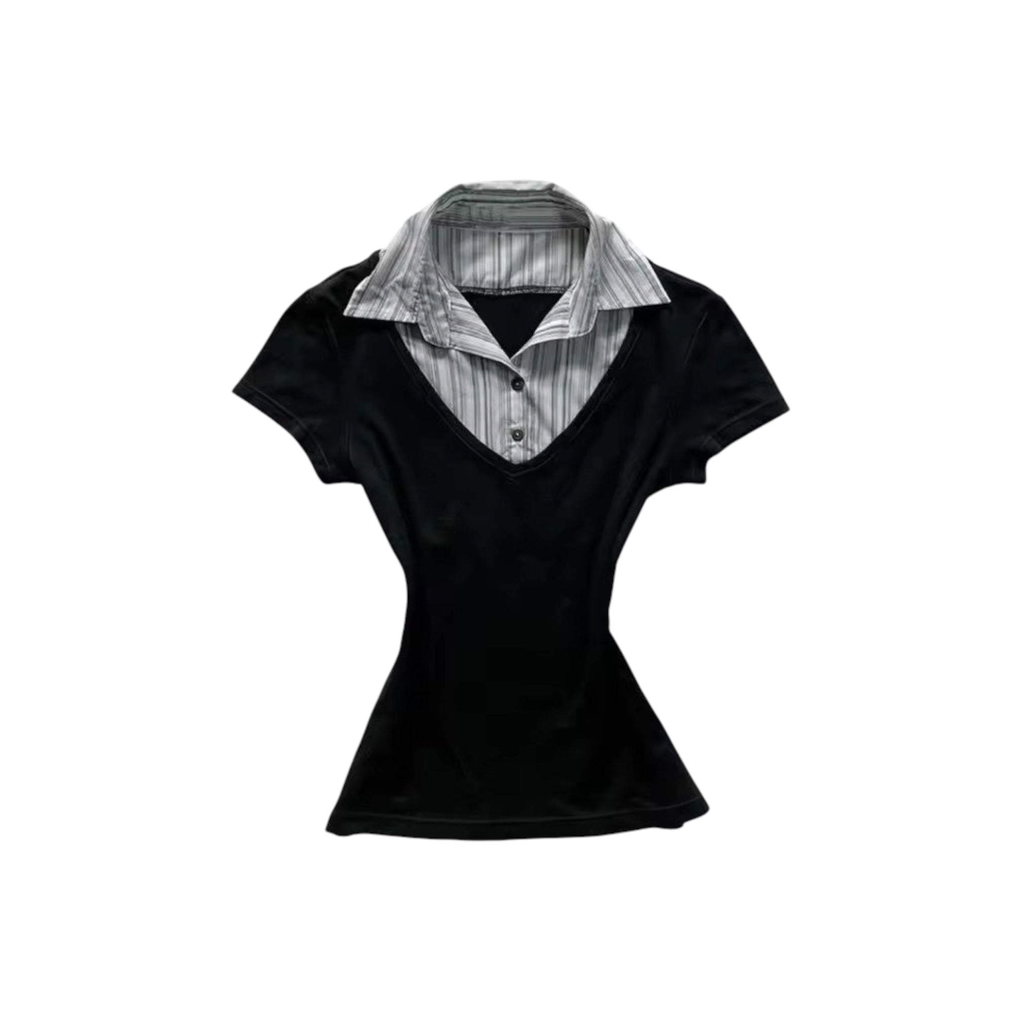 Y2K Preppy Mock Layered Top featuring a faux-layered design with striped collar and black pullover.