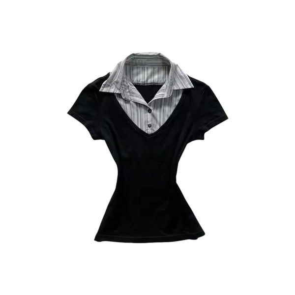 Y2K Preppy Mock Layered Top featuring a faux-layered design with striped collar and black pullover.