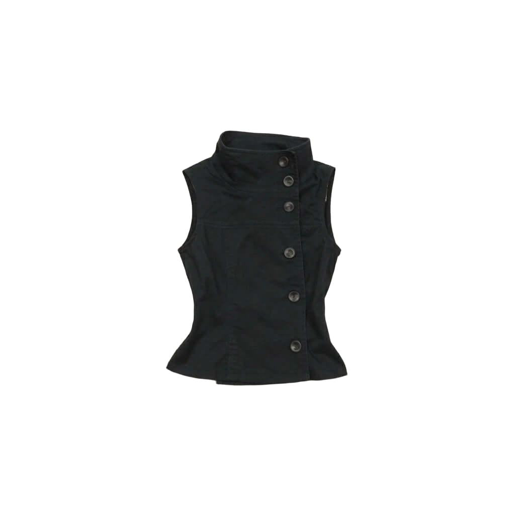 Structured Black Sleeveless Vest Top - High Neck Structured Black Sleeveless Vest Top - High Neck This black sleeveless vest features a structured stand collar and a sophisticated side-button closure for a unique, asymmetrical look. Designed with a tailor