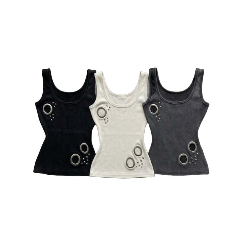 Studded Tank Top O-ring Elevate your urban wardrobe with the Cyber O-Ring Studded Tank Top, a high-impact piece that merges industrial hardware with a sleek, futuristic silhouette. This tank top is a standout essential for any cyber-alt or techwear-inspir