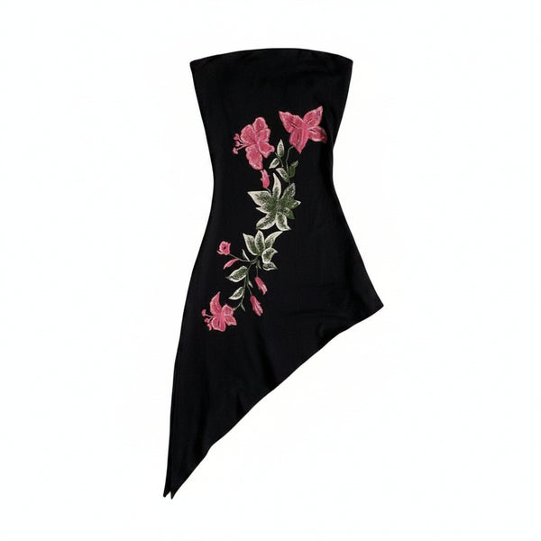Y2K asymmetric bandeau dress featuring floral embroidery on a black background with an asymmetrical cut.