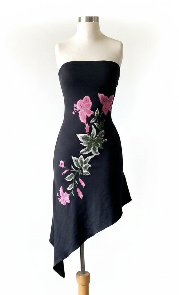 Y2K asymmetric bandeau dress featuring a floral design on a black background, showcasing an elegant asymmetric cut.
