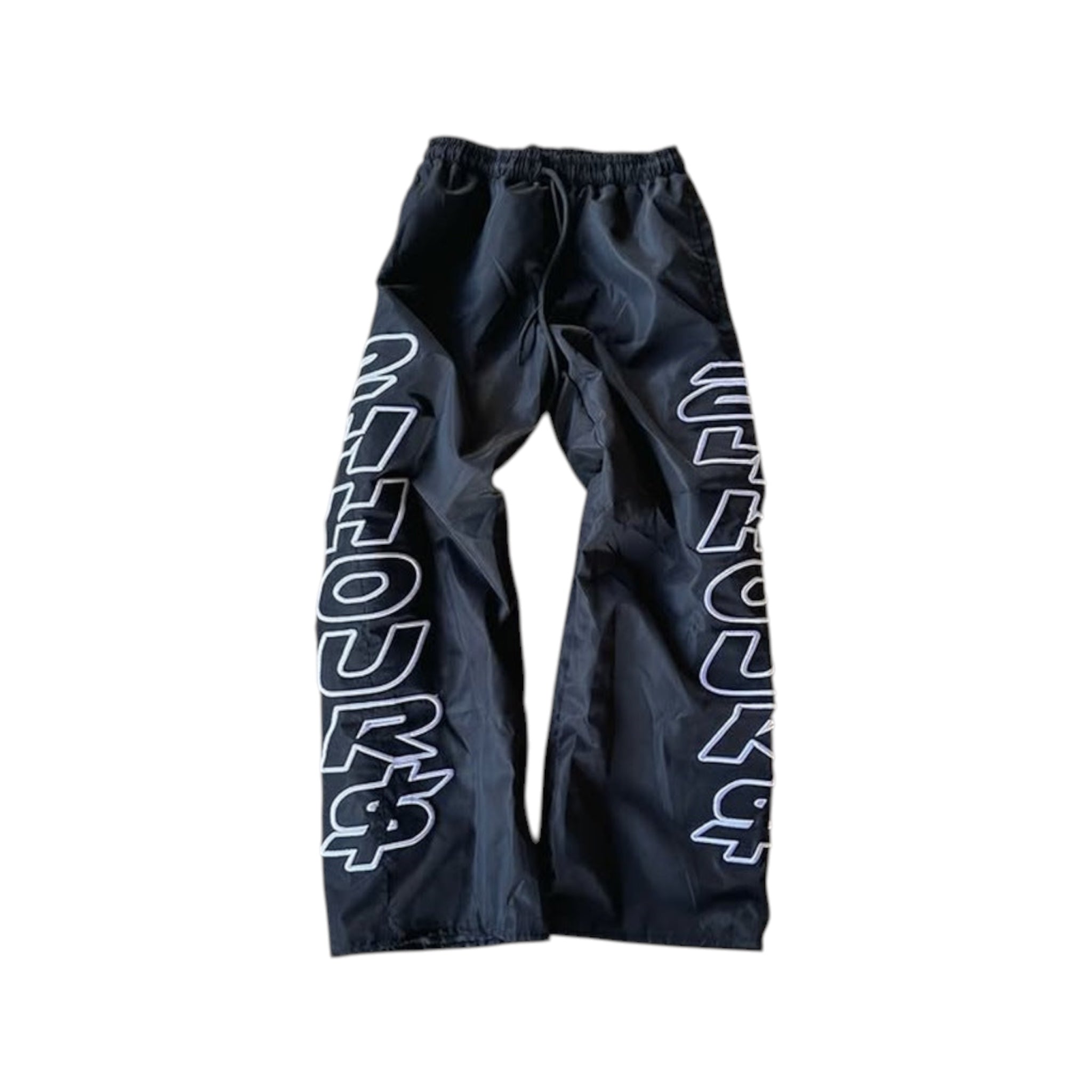 Baggy 24HOURS$ Y2K nylon track pants with embroidered logo