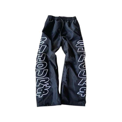 Baggy 24HOURS$ Y2K nylon track pants with embroidered logo