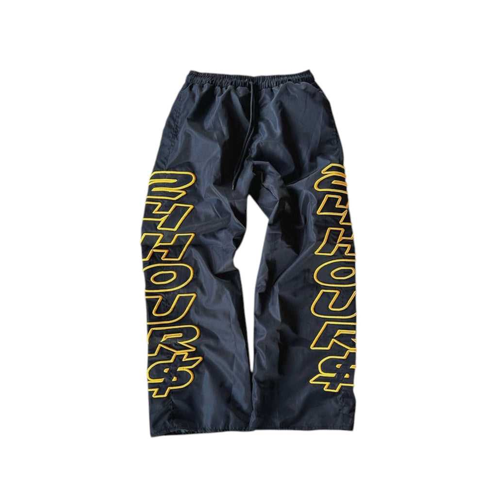 Unisex 24HOURS baggy Y2K nylon track pants with embroidered logo