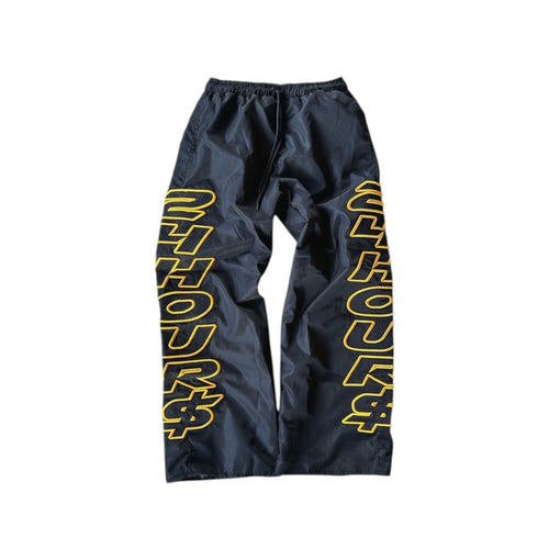 Unisex 24HOURS baggy Y2K nylon track pants with embroidered logo
