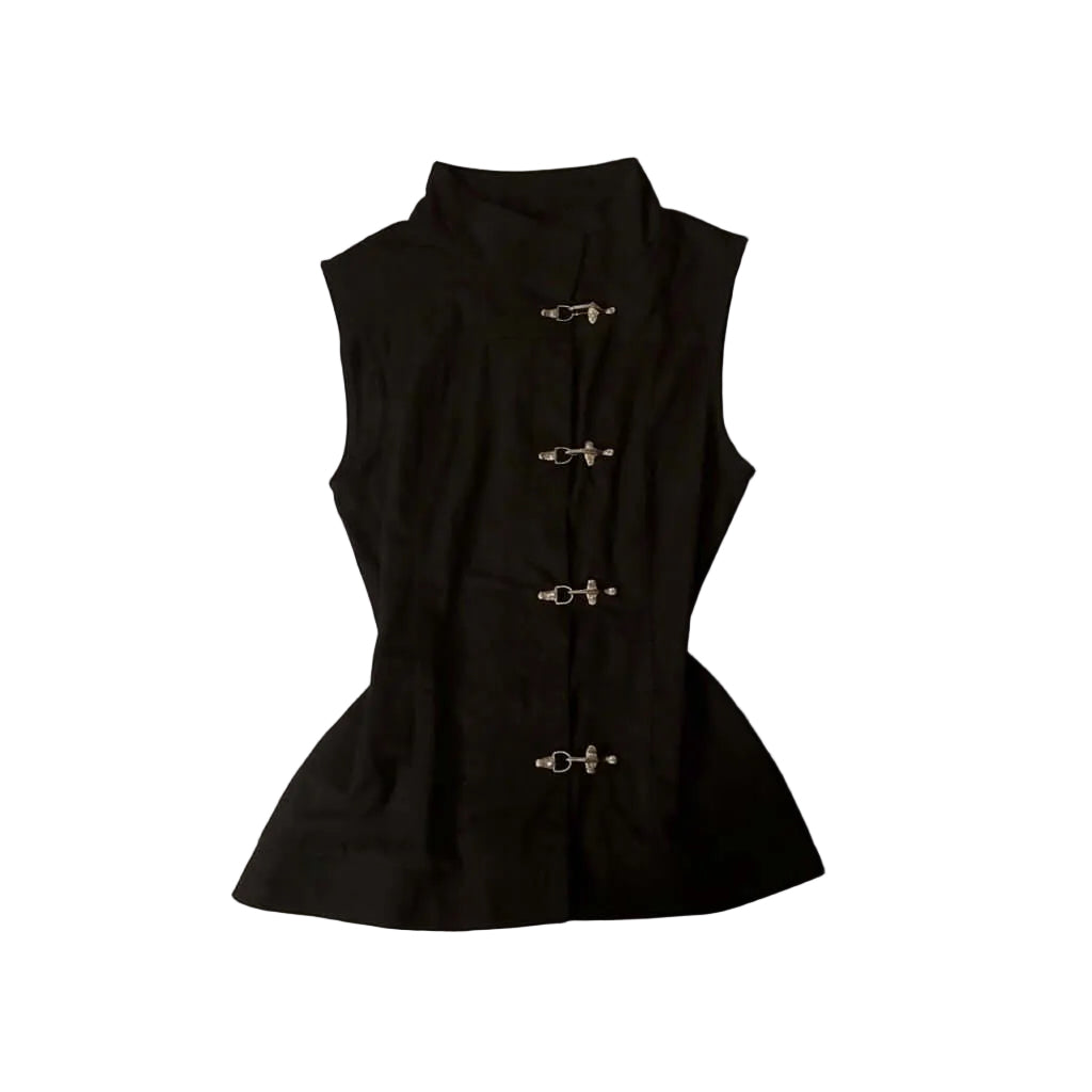 Style Black Vest Top - Vintage Korea Chic Style Black Vest Top - Vintage Korea Chic This black sleeveless vest features a unique high-neck stand collar and a striking silver-tone metal buckle closure on the front. Designed with a tailored, form-fitting wa