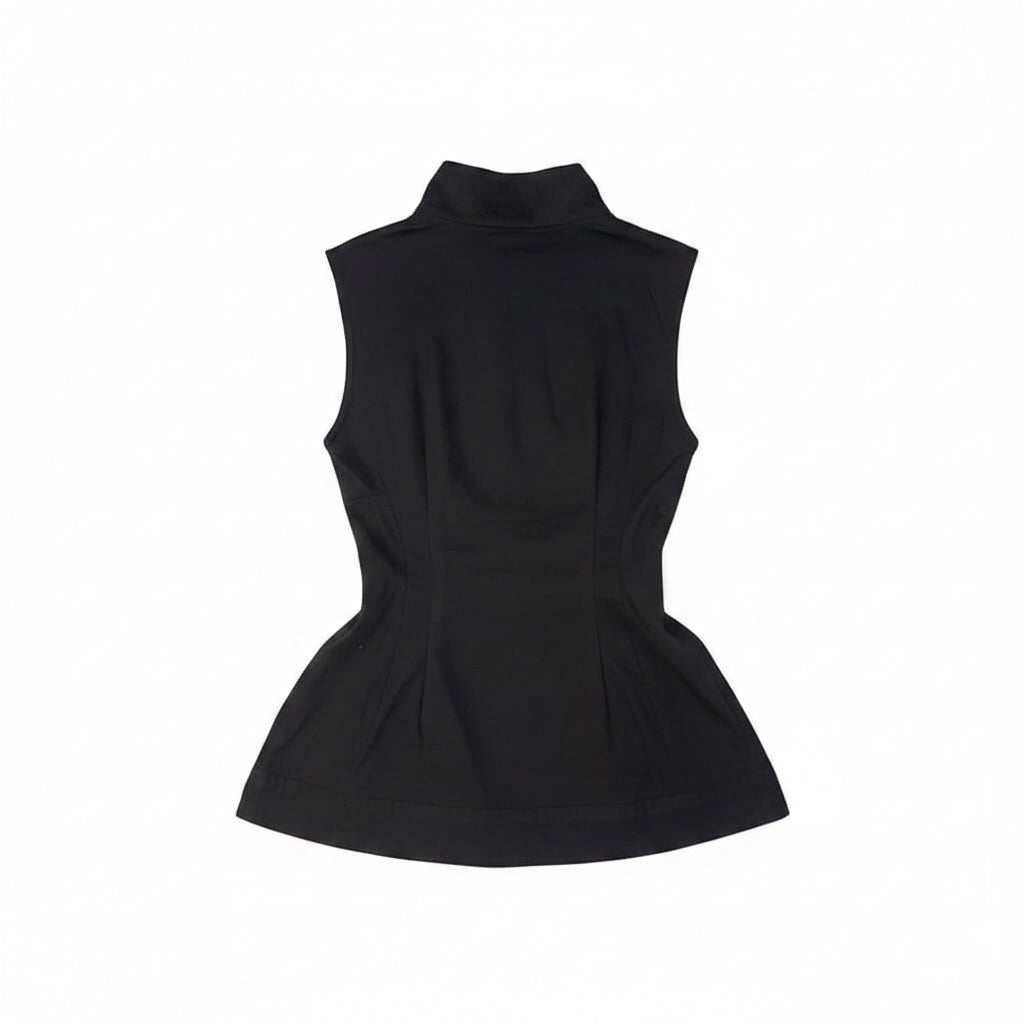Black sleeveless vest top with high-neck stand collar and silver metal buckle closure, tailored waist, and peplum hem vintage Korea chic style