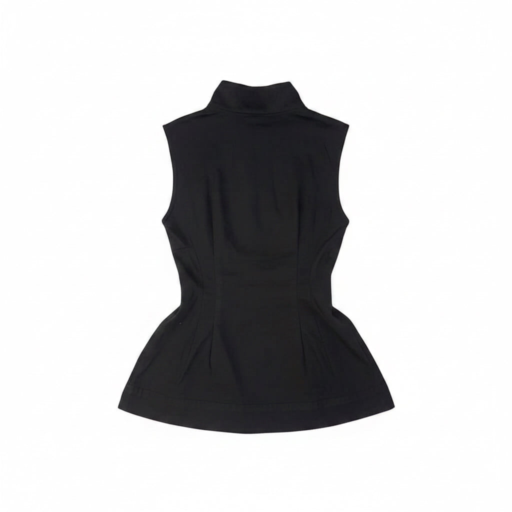 Style Black Vest Top - Vintage Korea Chic Style Black Vest Top - Vintage Korea Chic This black sleeveless vest features a unique high-neck stand collar and a striking silver-tone metal buckle closure on the front. Designed with a tailored, form-fitting wa