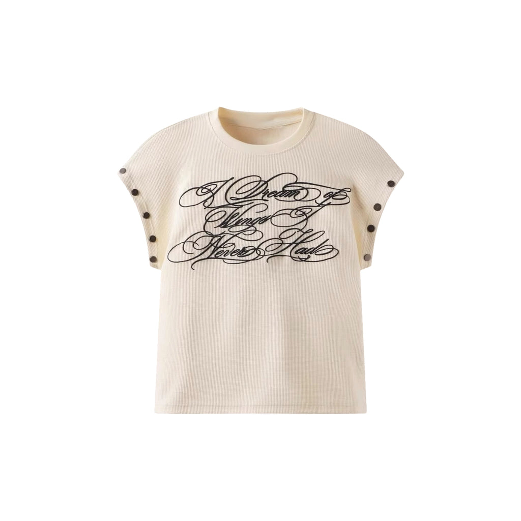 Y2K long sleeve tee with detachable sleeves "Fallen Angel" featuring bold graphic print and unique button details.
