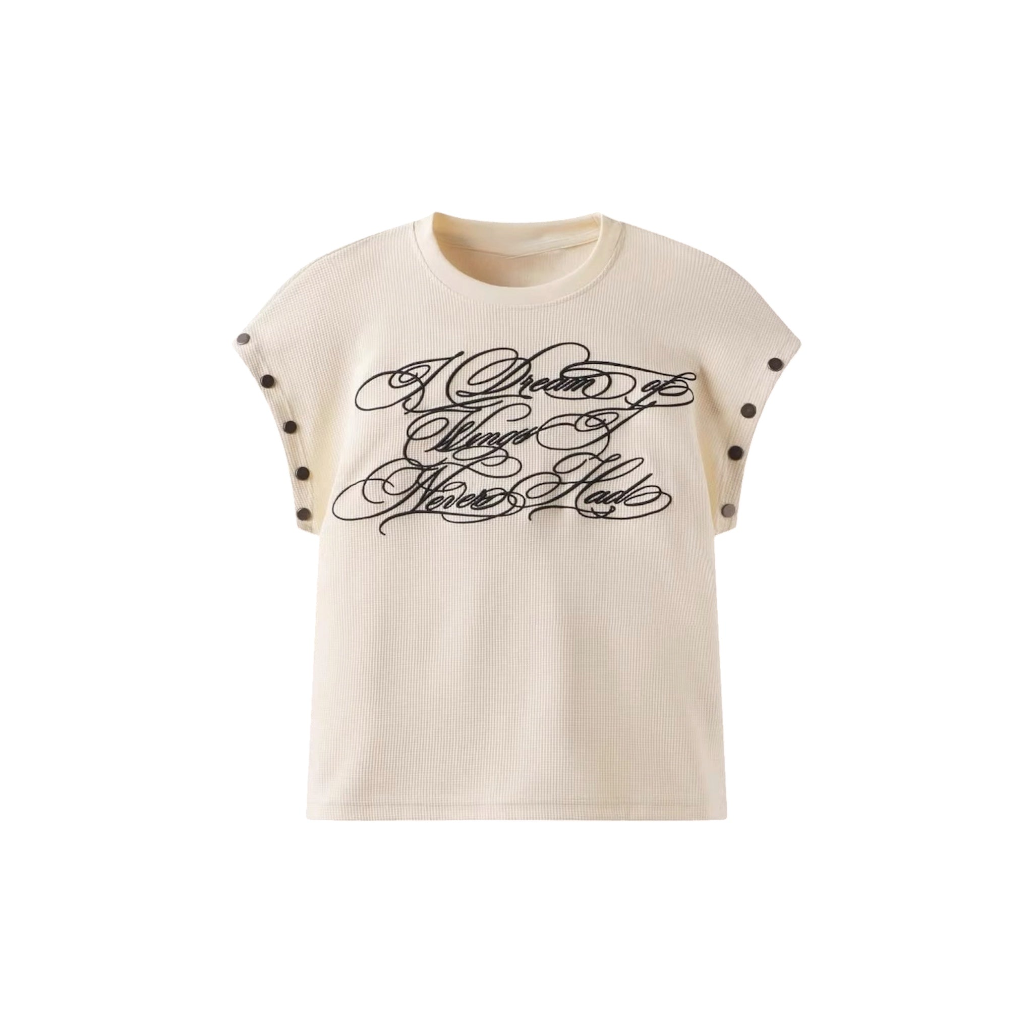 Y2K long sleeve tee with detachable sleeves "Fallen Angel" featuring bold graphic print and unique button details.