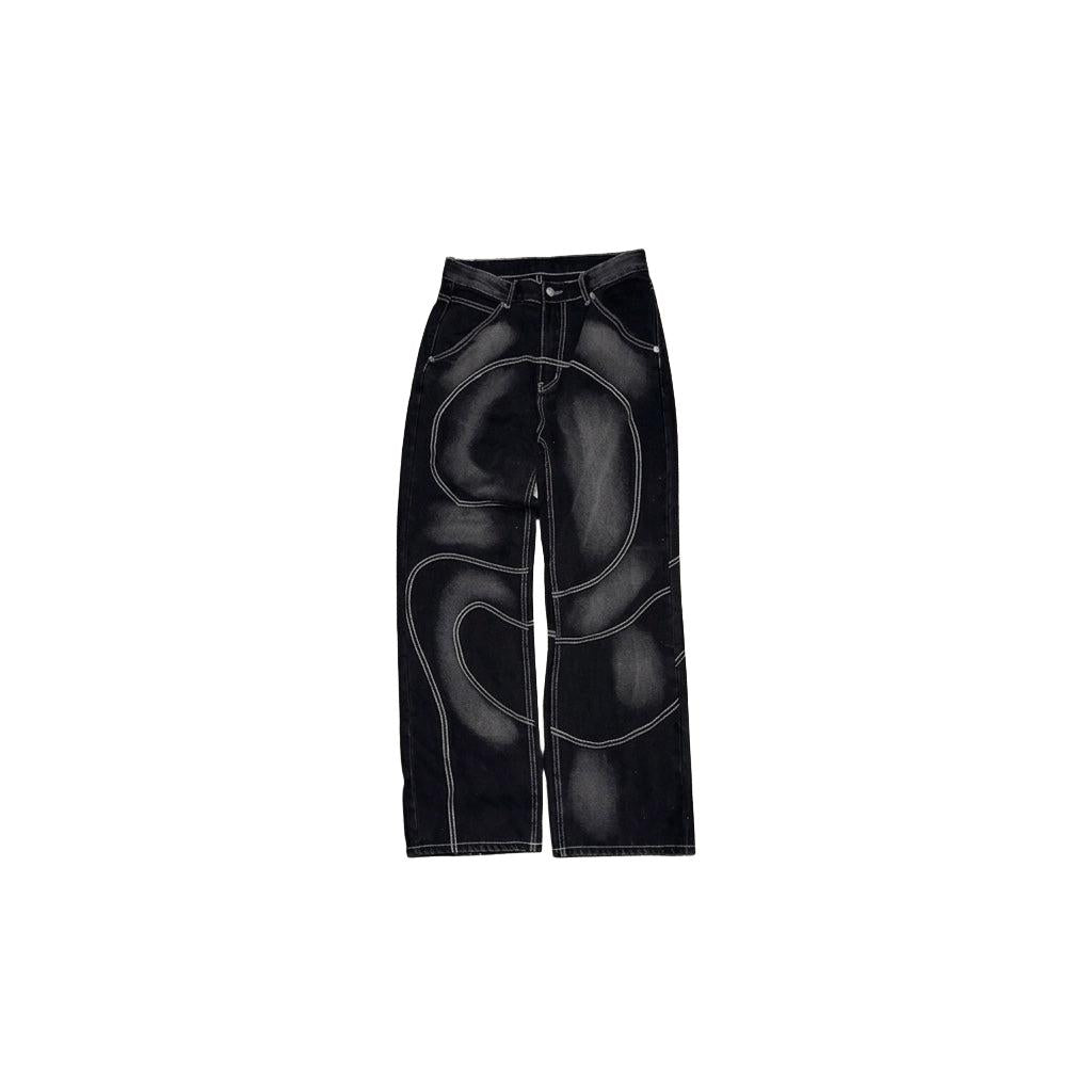 "Orbital Noir" Contrast Stitch Denim Set – Jacket & Wide-Leg Trousers-Mkcyberr