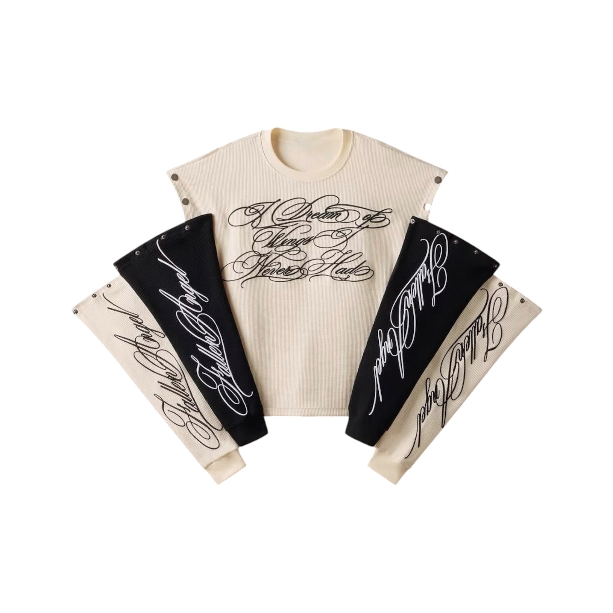 Y2K long sleeve tee with detachable sleeves "Fallen Angel" 2-in-1 Puff featuring multiple sleeve options.