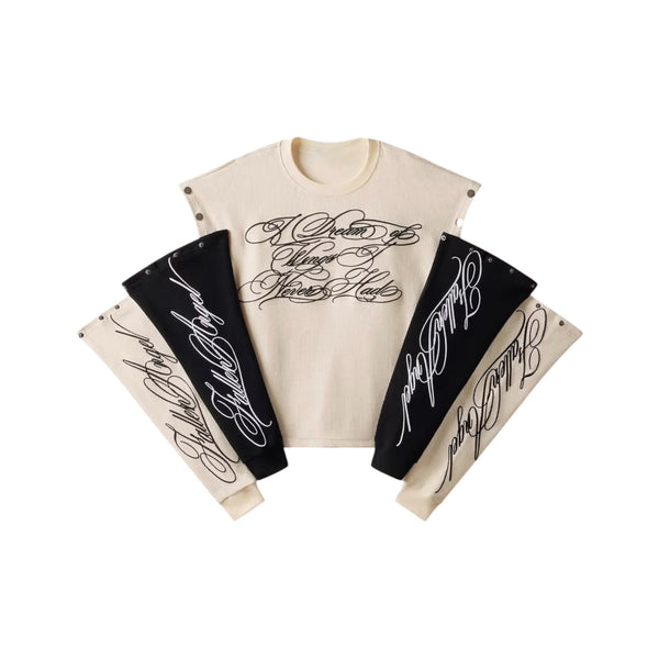 Y2K long sleeve tee with detachable sleeves "Fallen Angel" 2-in-1 Puff featuring multiple sleeve options.