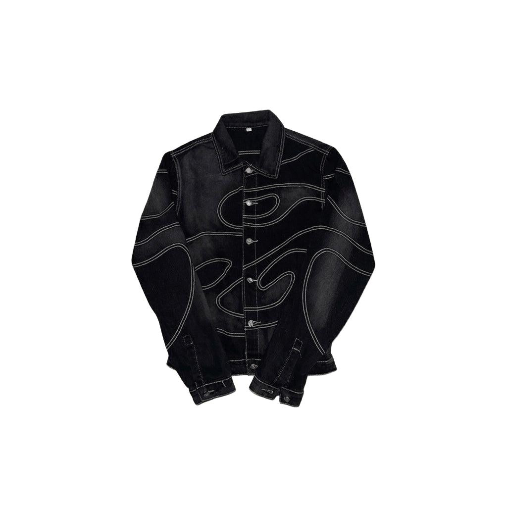 "Orbital Noir" Contrast Stitch Denim Set – Jacket & Wide-Leg Trousers-Mkcyberr