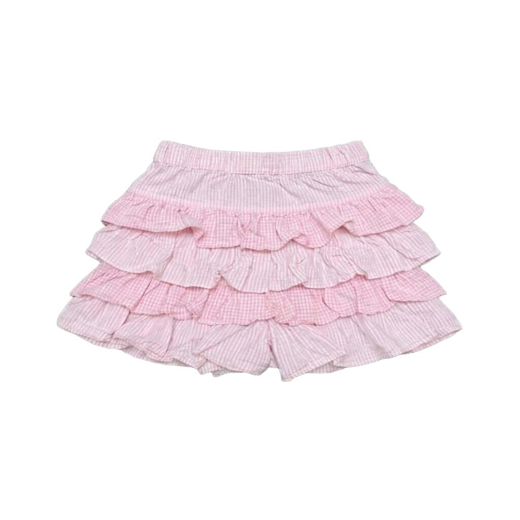 Pink Striped Tiered Cake Mini Skirt with Bow Pink Striped Tiered Cake Mini Skirt with Bow This pink tiered ruffled skirt features a charming Y2K-inspired design with a delicate bow and a tiered cake skirt silhouette for a feminine look. Designed with stru