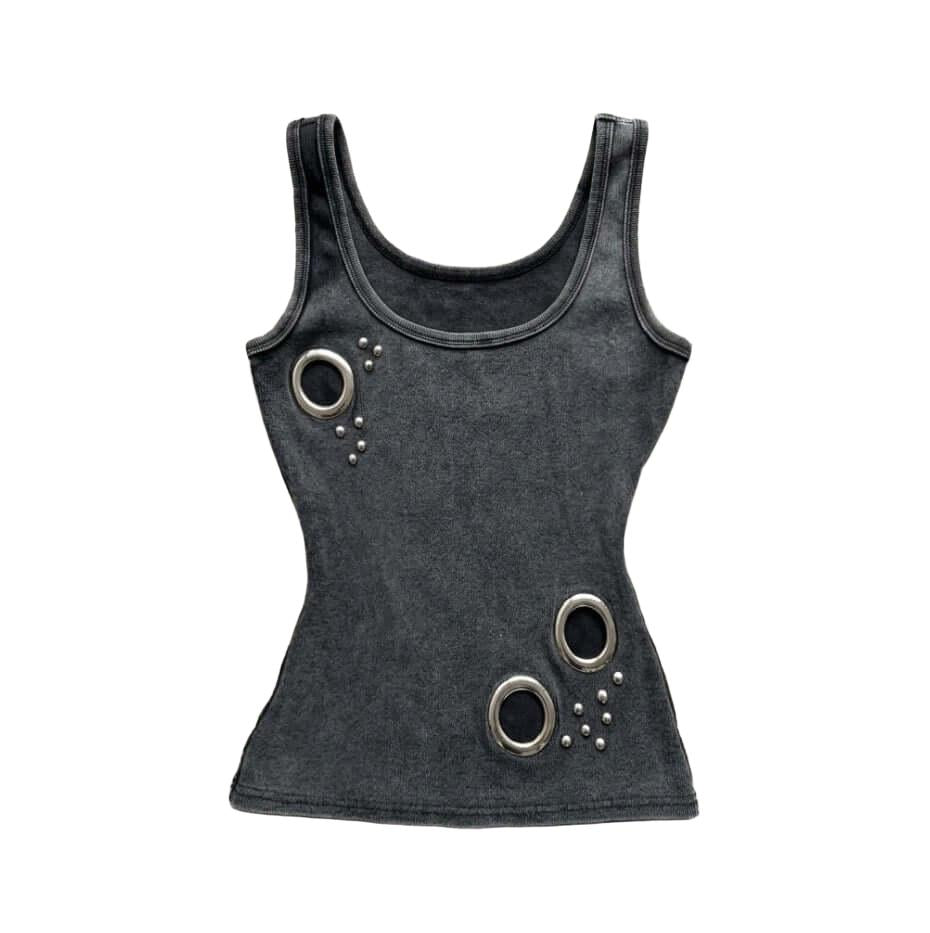 Studded Tank Top O-ring Elevate your urban wardrobe with the Cyber O-Ring Studded Tank Top, a high-impact piece that merges industrial hardware with a sleek, futuristic silhouette. This tank top is a standout essential for any cyber-alt or techwear-inspir