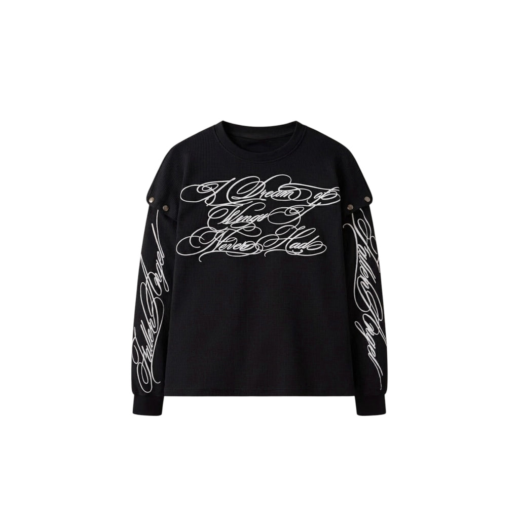 Y2K long sleeve tee with detachable sleeves featuring stylish white scripts on black fabric and snap-button details.