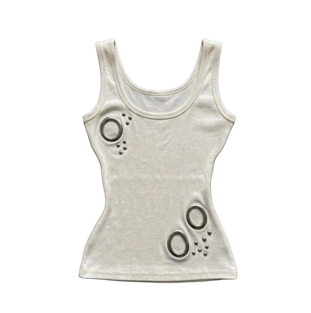 Studded Tank Top O-ring Elevate your urban wardrobe with the Cyber O-Ring Studded Tank Top, a high-impact piece that merges industrial hardware with a sleek, futuristic silhouette. This tank top is a standout essential for any cyber-alt or techwear-inspir