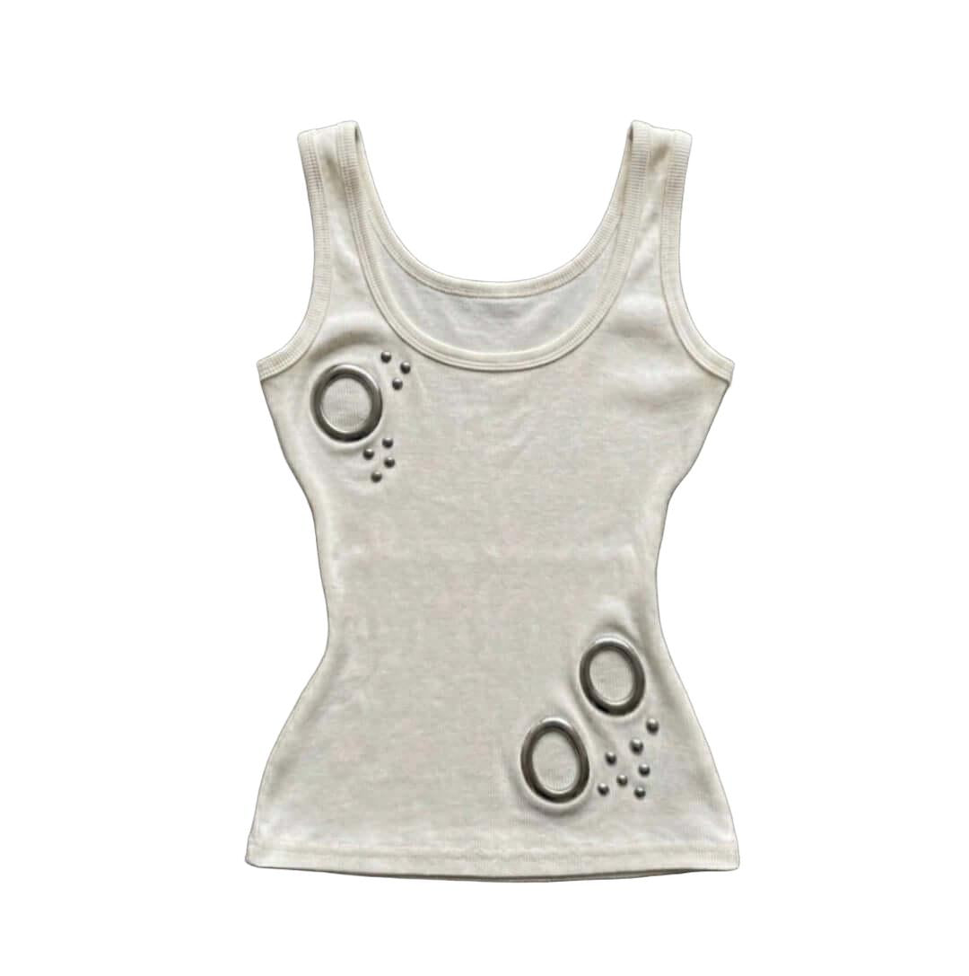 Studded Tank Top O-ring Elevate your urban wardrobe with the Cyber O-Ring Studded Tank Top, a high-impact piece that merges industrial hardware with a sleek, futuristic silhouette. This tank top is a standout essential for any cyber-alt or techwear-inspir