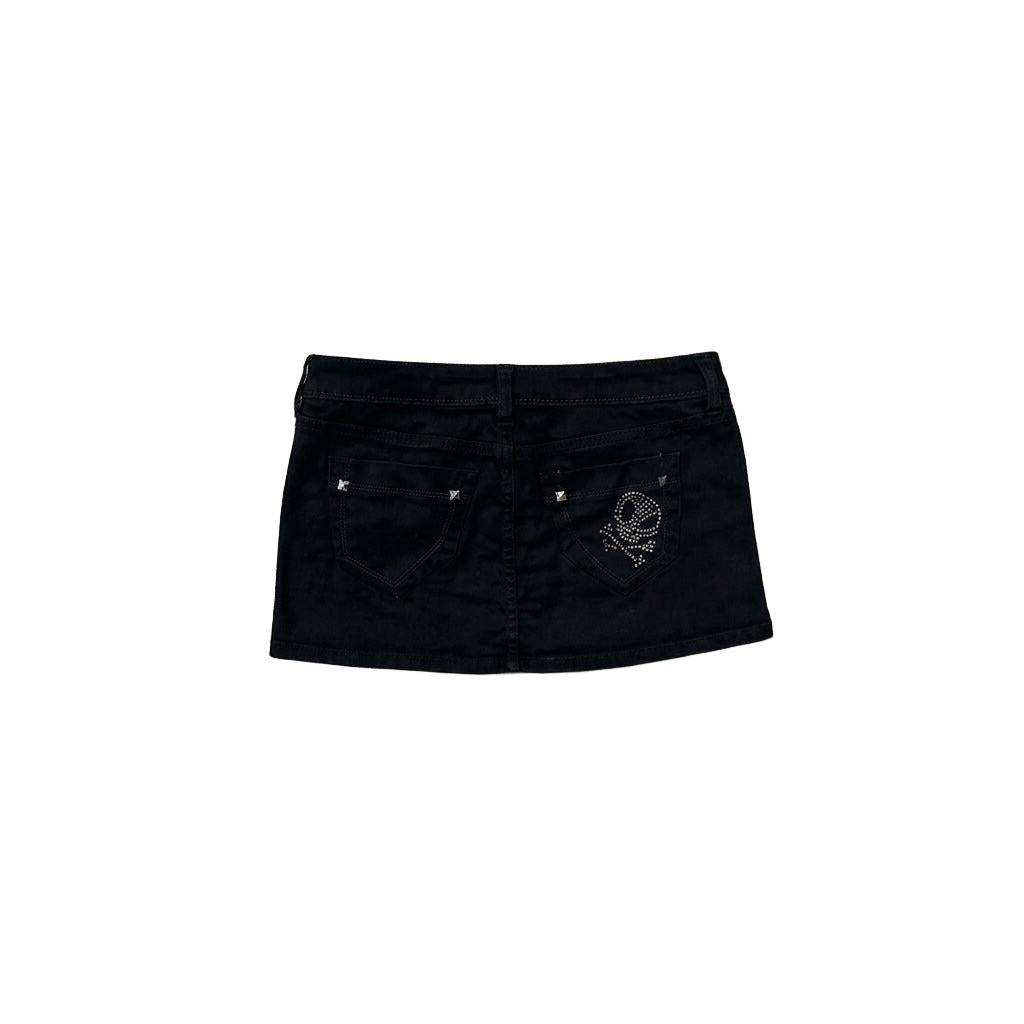 Black Denim Mini Skirt with Rhinestone Skull Detail-Mkcyberr