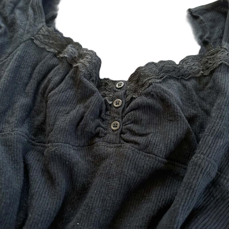 Black Ribbed Top with Lace Trim- Grunge Style Revamp your wardrobe with our Black Ribbed Top with Lace Trim Perfect for a grunge aesthetic, this Vintage 2000s staple adds style!