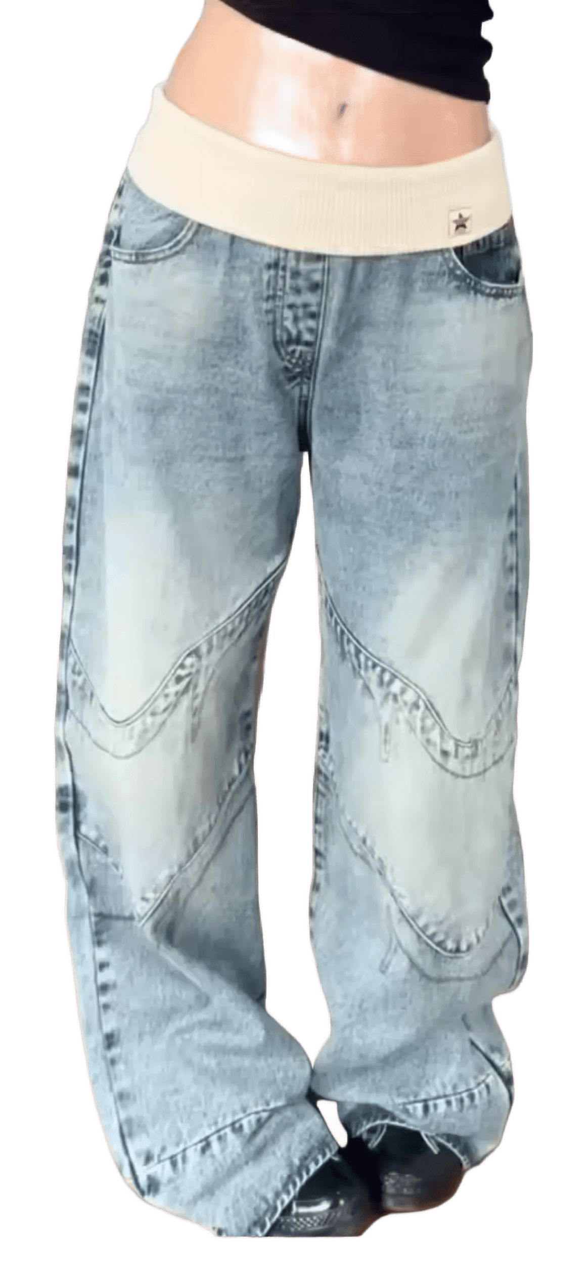 Jeans baggy in denim blu con fascia elastica