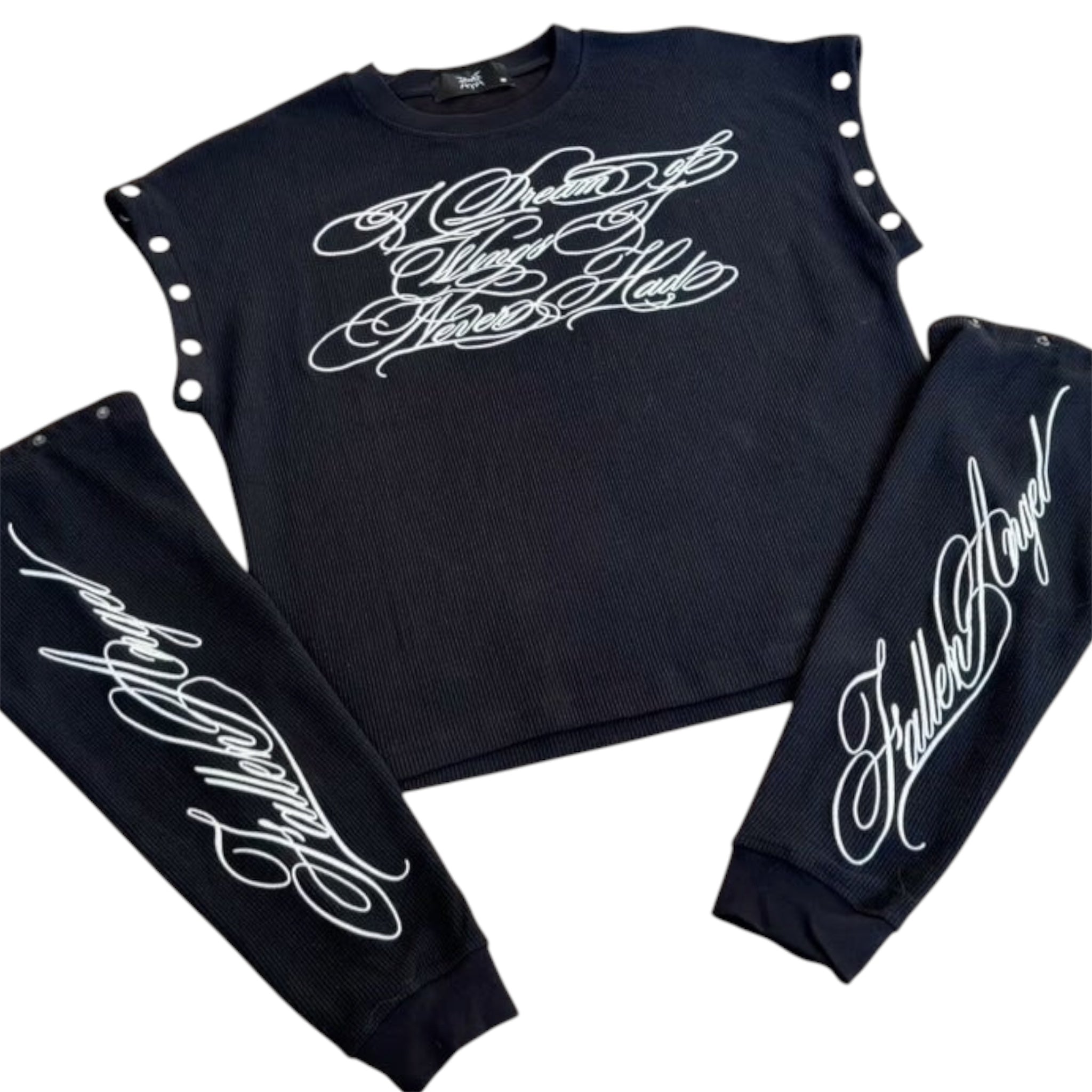 Y2K long sleeve tee with detachable sleeves featuring a black crop top and long sleeves with white script design.