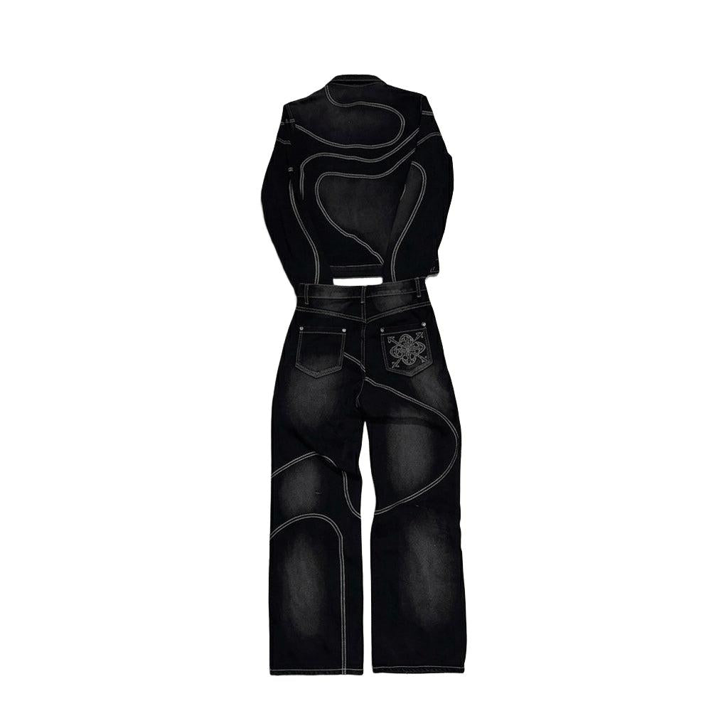 "Orbital Noir" Contrast Stitch Denim Set – Jacket & Wide-Leg Trousers-Mkcyberr