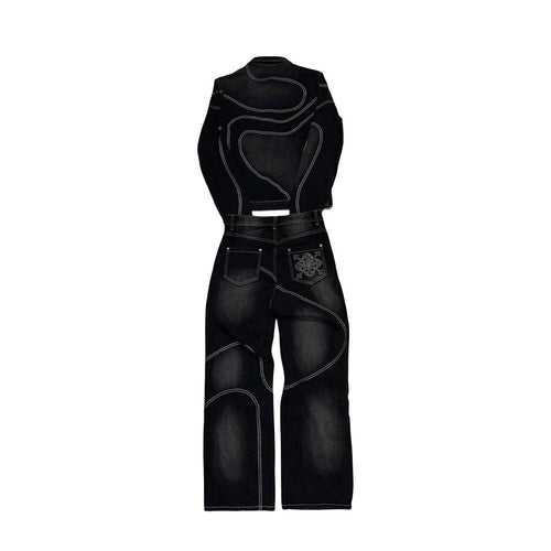 "Orbital Noir" Contrast Stitch Denim Set – Jacket & Wide-Leg Trousers-Mkcyberr