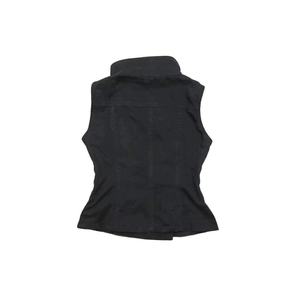 Structured Black Sleeveless Vest Top - High Neck Structured Black Sleeveless Vest Top - High Neck This black sleeveless vest features a structured stand collar and a sophisticated side-button closure for a unique, asymmetrical look. Designed with a tailor