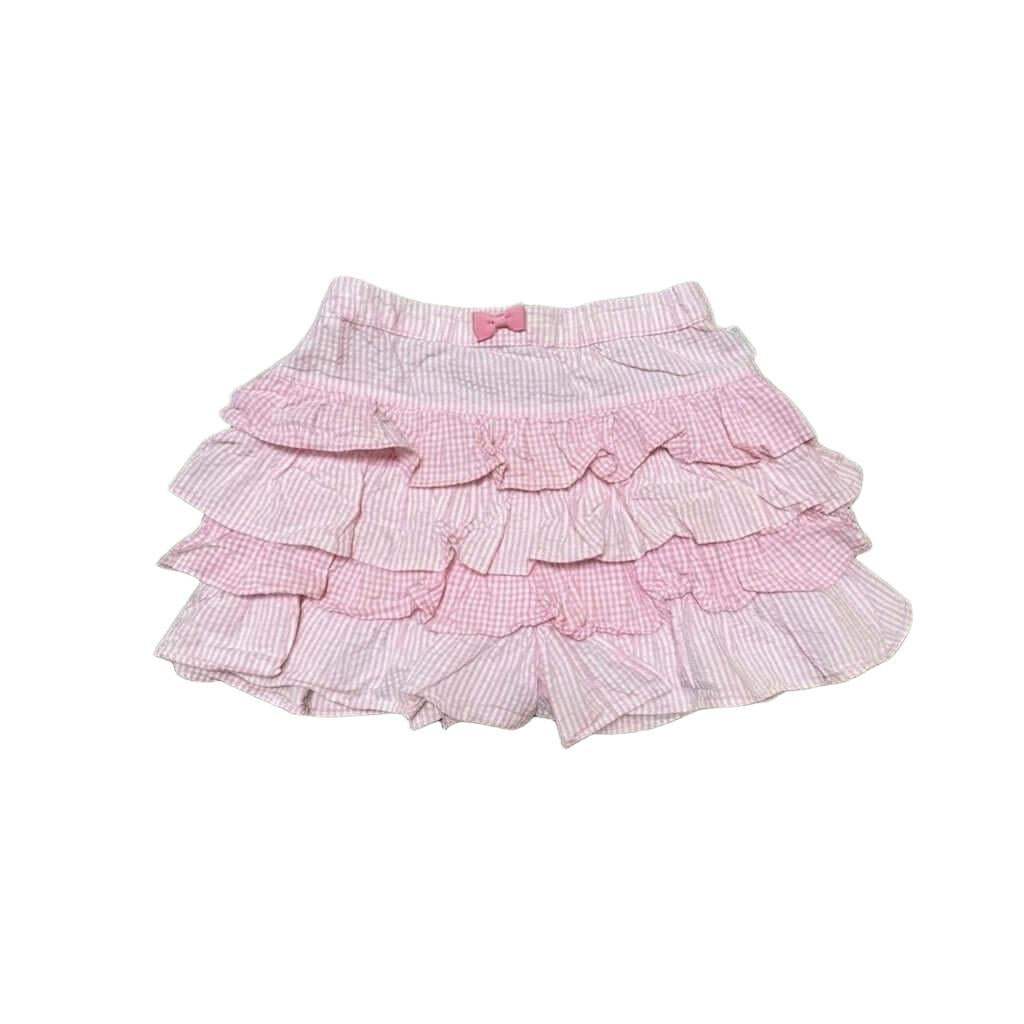 Pink Striped Tiered Cake Mini Skirt with Bow Pink Striped Tiered Cake Mini Skirt with Bow This pink tiered ruffled skirt features a charming Y2K-inspired design with a delicate bow and a tiered cake skirt silhouette for a feminine look. Designed with stru