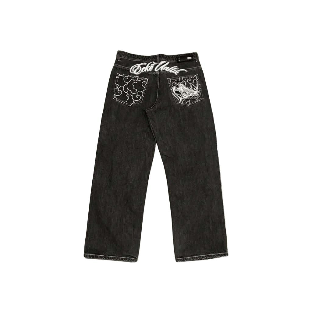 Cyber Y2K "Rhino Graph" Baggy Jeans – Faded Black Denim-Mkcyberr