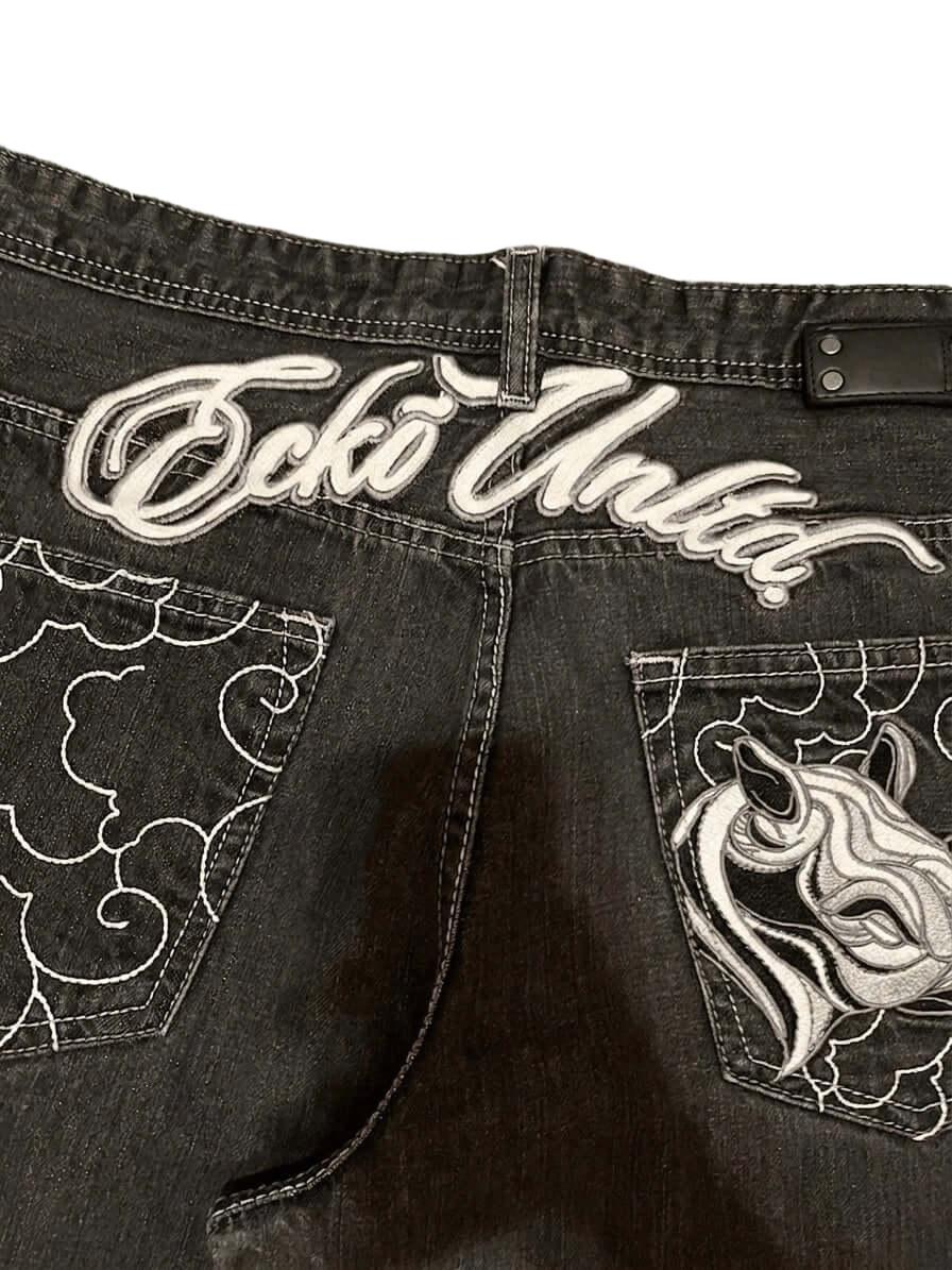 Cyber Y2K "Rhino Graph" Baggy Jeans – Faded Black Denim-Mkcyberr