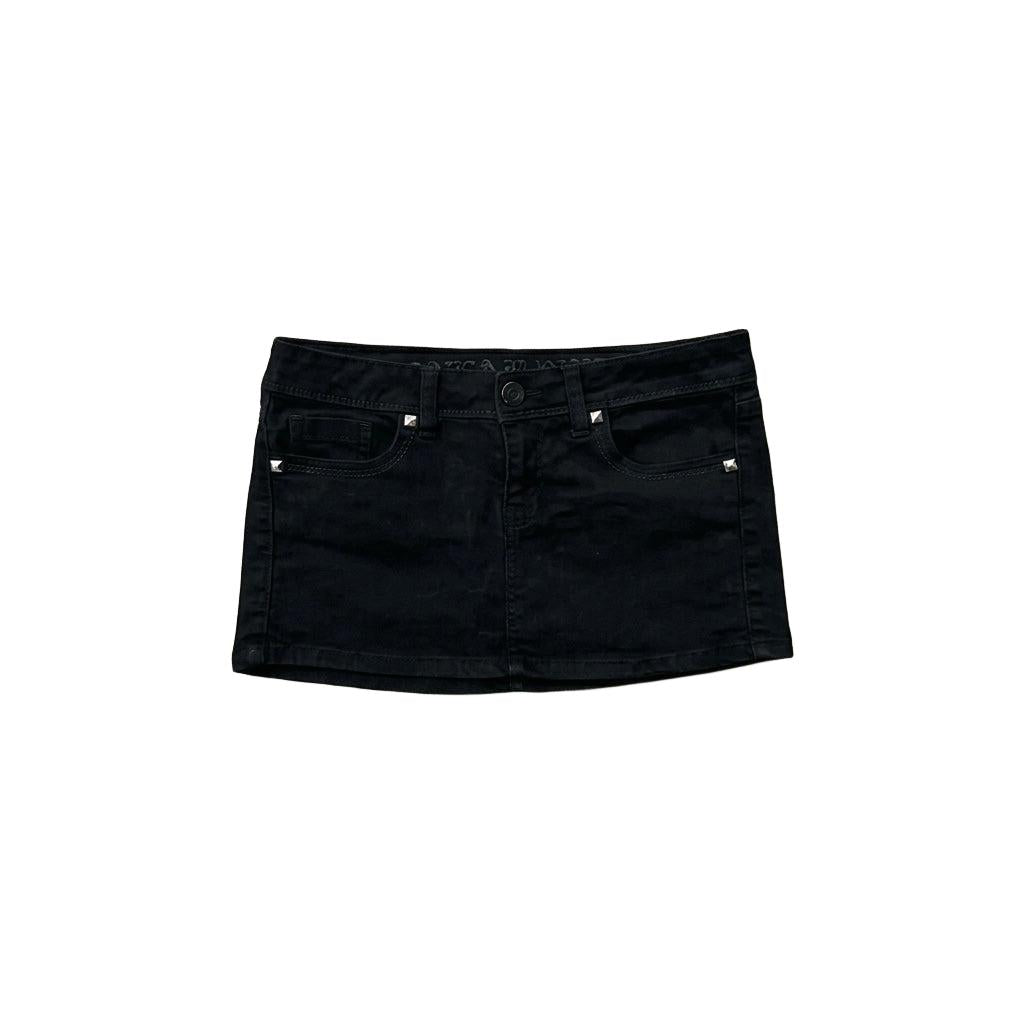 Black Denim Mini Skirt with Rhinestone Skull Detail-Mkcyberr