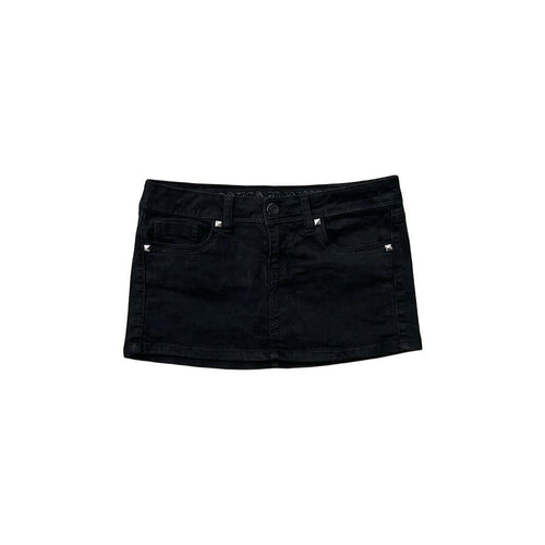 Black Denim Mini Skirt with Rhinestone Skull Detail-Mkcyberr