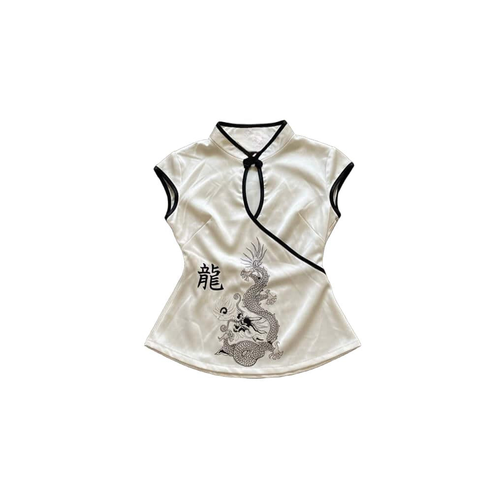 Dragon Print Satin Top Vintage 2000s -Cheongsam Blouse Embrace the nostalgic vibe with our Andhevtag Dragon Print Satin Top. Perfect for Y2K enthusiasts, this stylish cheongsam blouse adds flair to any outfit.
