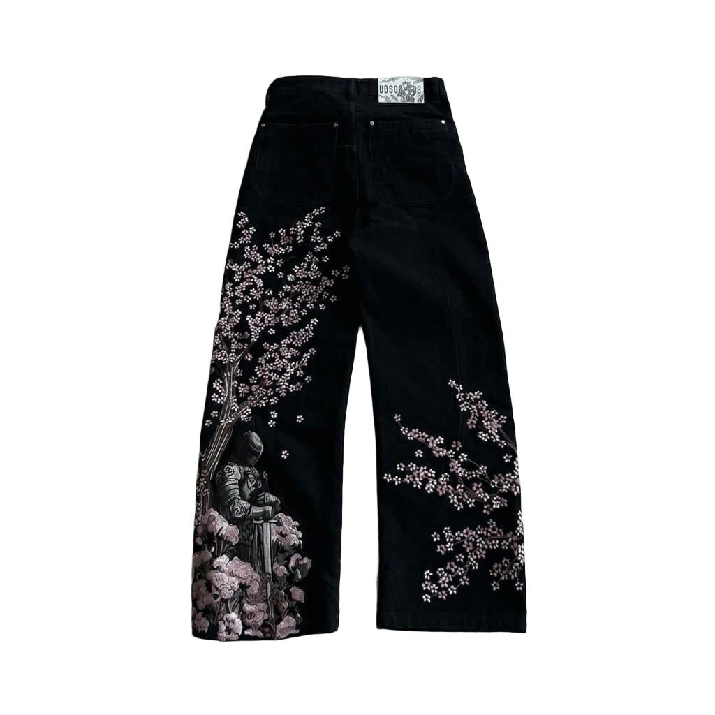 Black Embroidered Jeans with Sakura Flowers & Knight Print-Mkcyberr