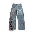 Black Embroidered Jeans with Sakura Flowers & Knight Print-Mkcyberr