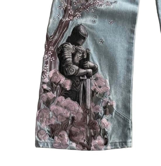 Black Embroidered Jeans with Sakura Flowers & Knight Print-Mkcyberr