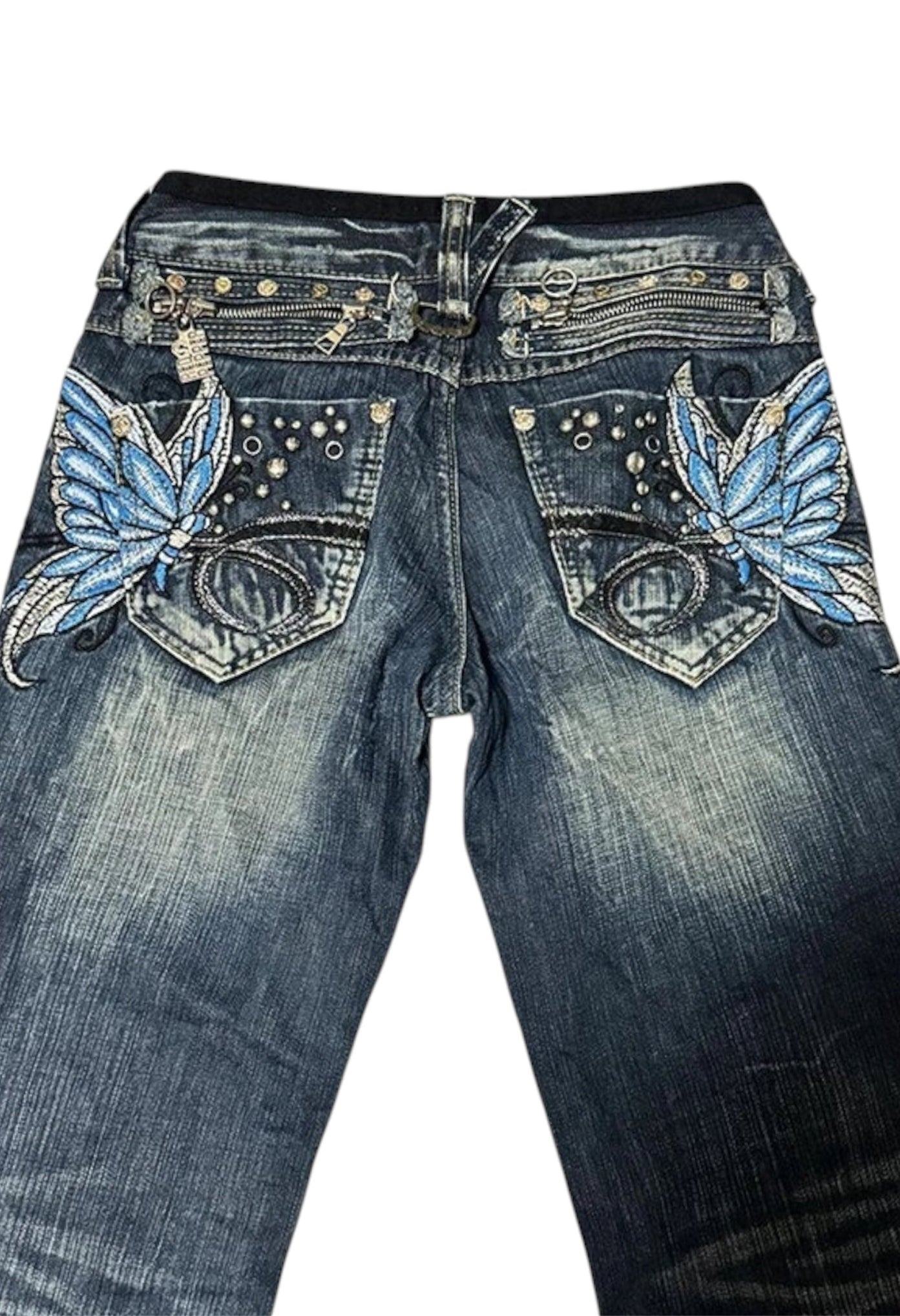 Butterfly embroidery flare jeans featuring striking blue butterfly designs on the back pockets with metallic rivets.