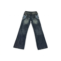 Back view of butterfly embroidery flare jeans featuring blue butterfly designs on pockets and a distressed finish.