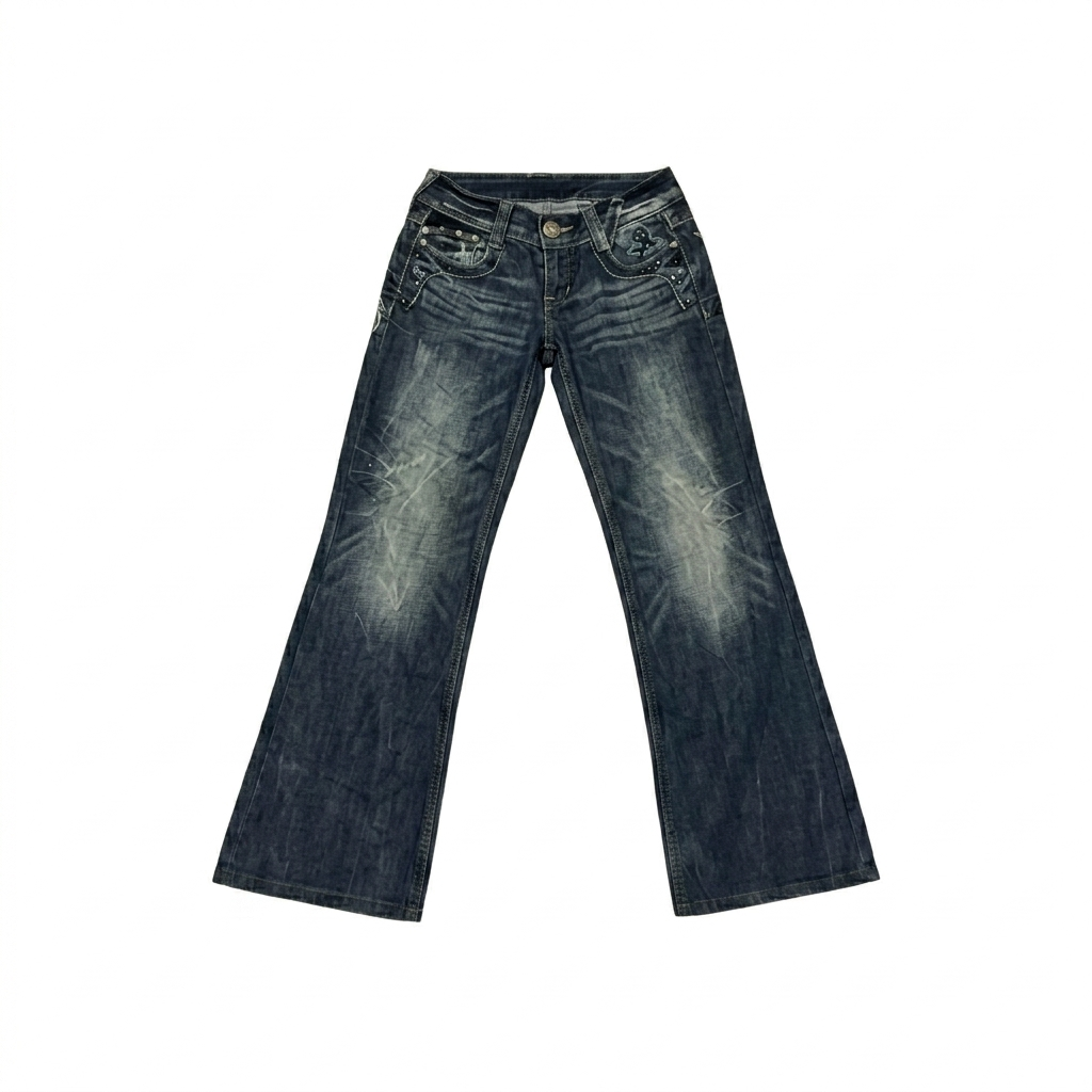 Butterfly embroidery flare jeans featuring dark wash denim, low-rise waist, and dramatic flare leg with butterfly embroidery.